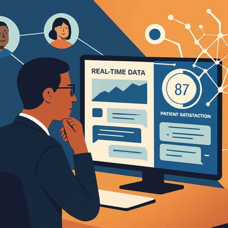 Healthcare manager analyzing AI-powered dashboard with real-time data and patient satisfaction scores.