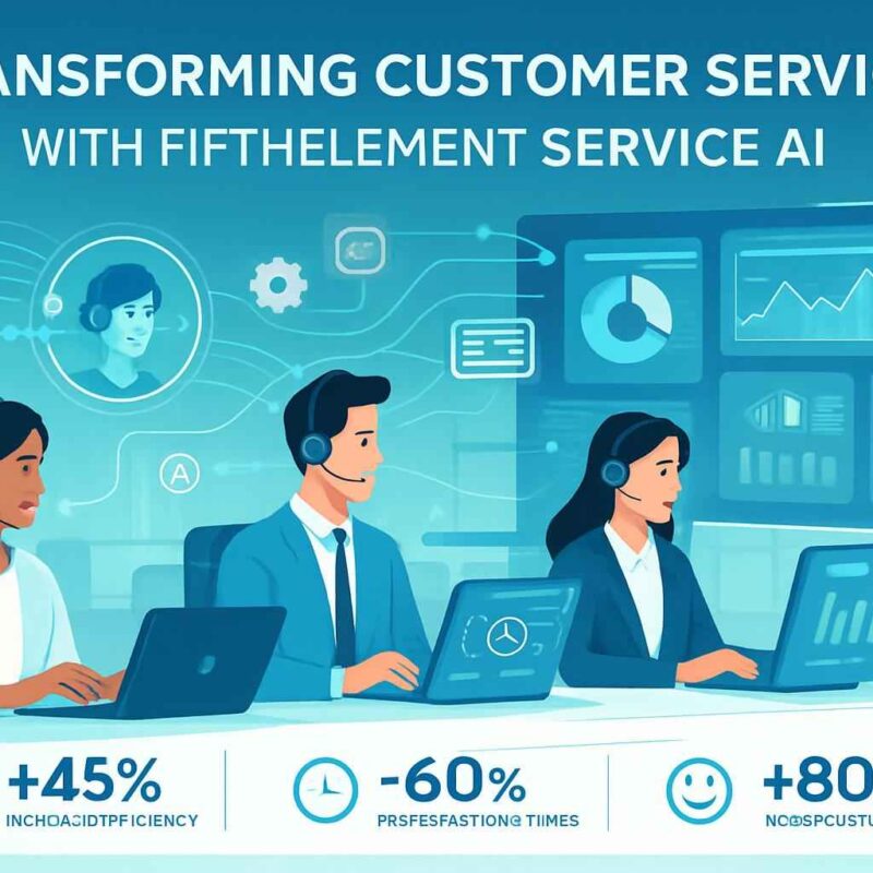 A professional, editorial-quality infographic scene depicting the transformation of customer service through FifthElement's Service AI solutions, featuring a modern call center with agents interacting with AI interfaces and real-time analytics.