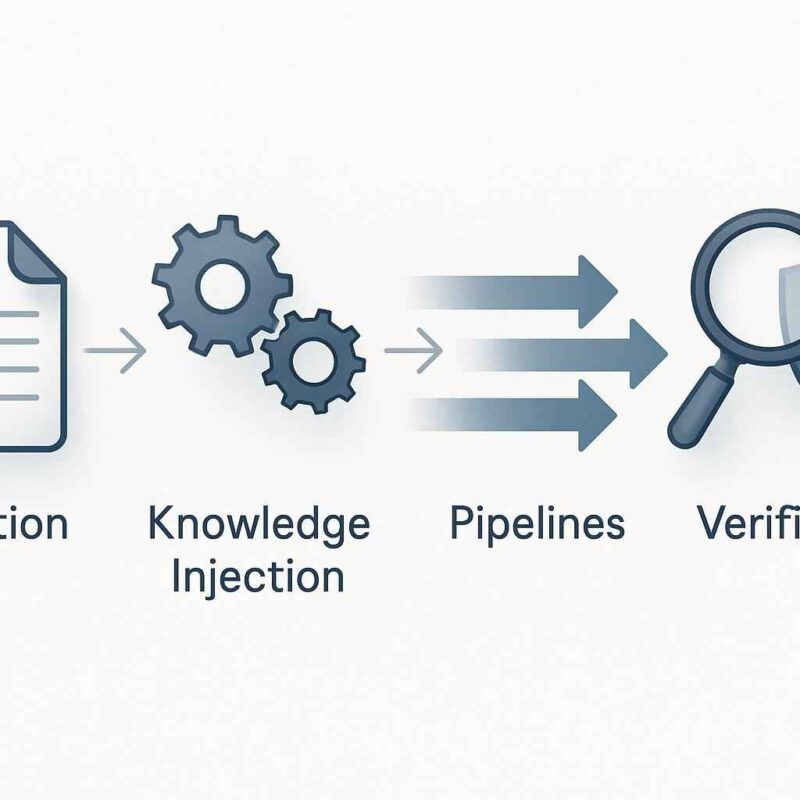 Infographic flowchart showing data ingestion, knowledge injection engine, pipelines, and verification for AI agent accuracy at fifthelement