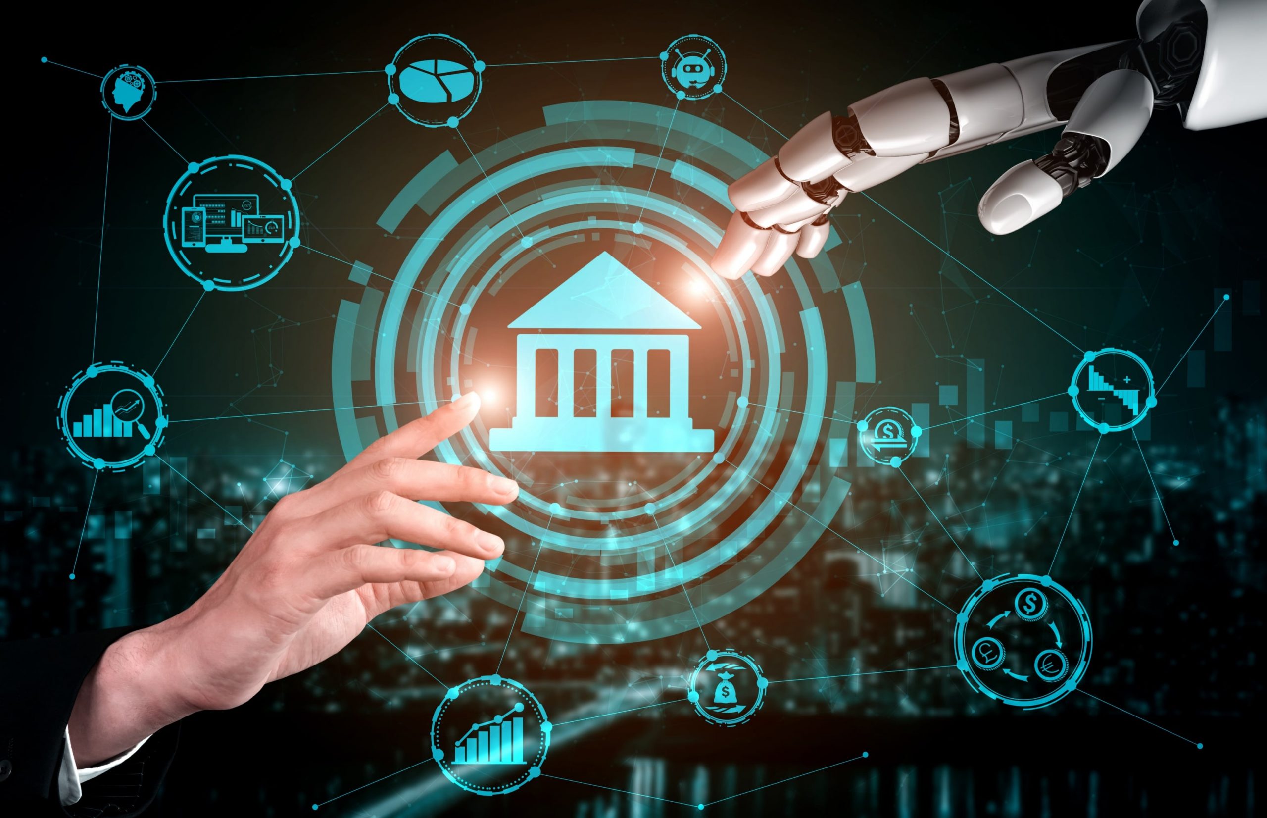 AI Reducing Regulatory Risk in Banking, featuring financial and compliance-related icons such as a shield, scales of justice, and data analytics visuals.